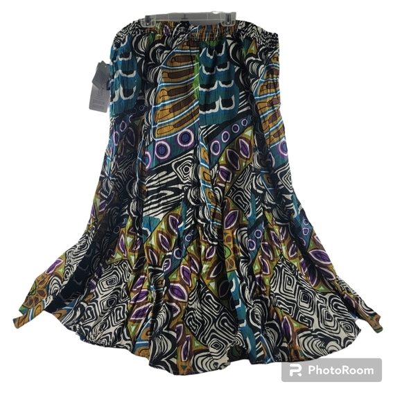 NWT Peter Nygard palm green printed elastic waist full crinkle skirt Size XL - Picture 2 of 3